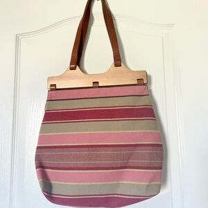 Banana Republic Pink and Tan Canvas Tote Bag with Wood and Leather Trims